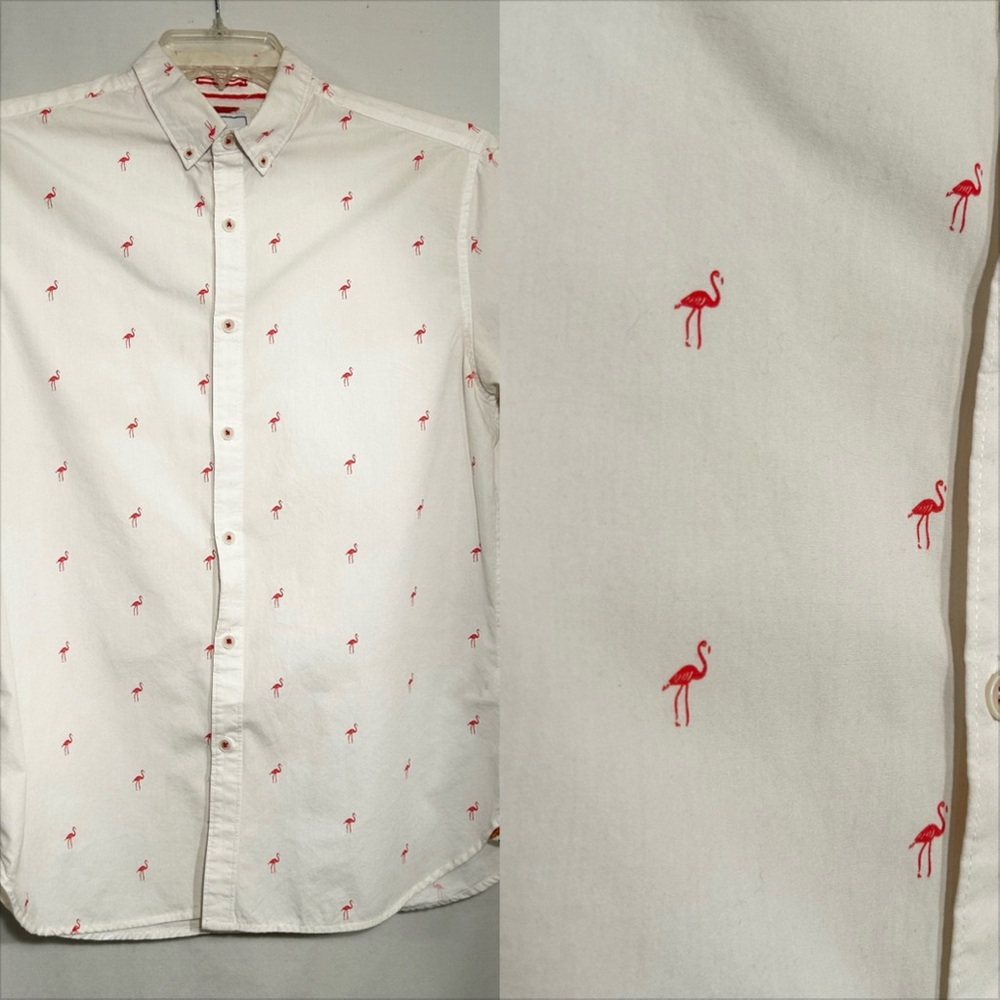 MENS MEDIUM WHITE W/FLAMINGOS RICKY SINGH SLIM FIT SHORT SLEEVE BUTTON FRT SHIRT